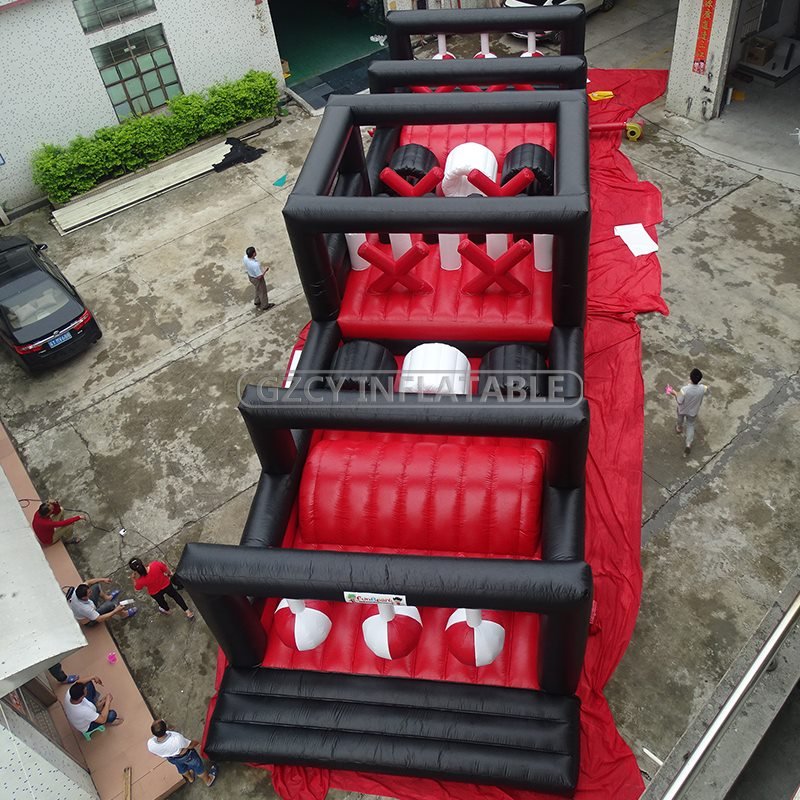 Outdoor Red And Black Giant Adult Inflatable Obstacle Course 5k Equipment